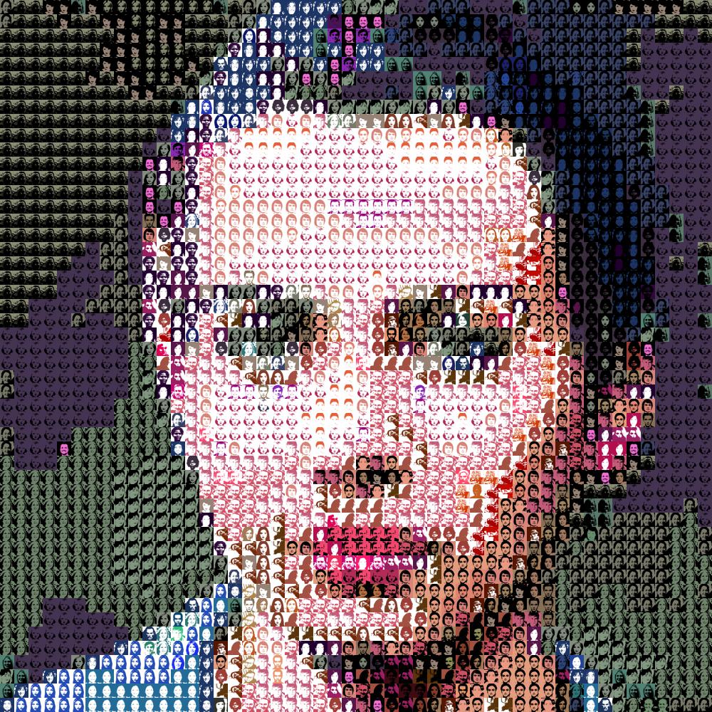 a mosaic made up of different colored images of faces made by using an AI gender classifier that assigns unique colors rather than gender. the mosaic makes up a face of a gender diverse person.