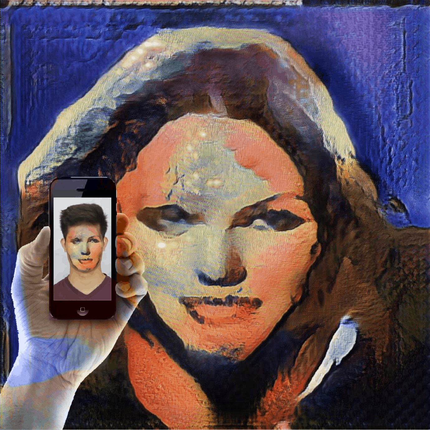 AN AI generated face made using a GAN. the face is feminine looking in striking peaches and blues and heavy appearing makeup. In front of it shows a hand holding a phone with the face of the generated image applied to the person in the phone.