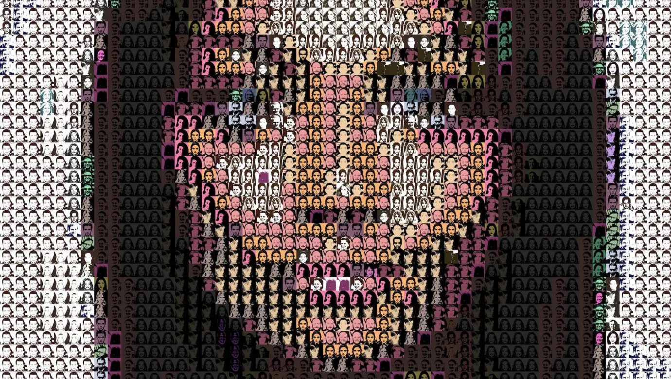 a feminine face constructed of color tiles in different shades of pinks and browns and blacks.