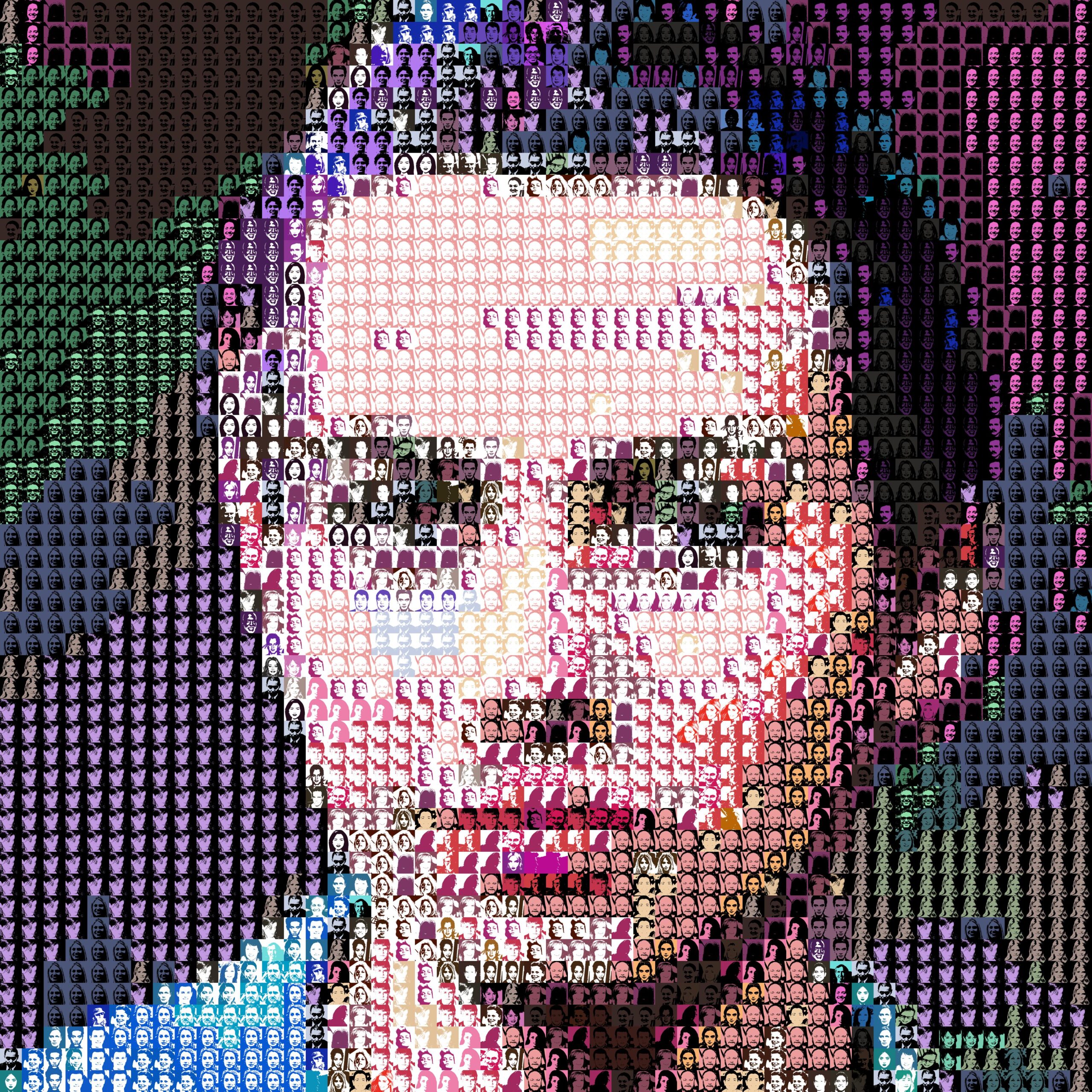 a full color face of a gender non-conforming person made up con colorful tiles with simplified faces on them