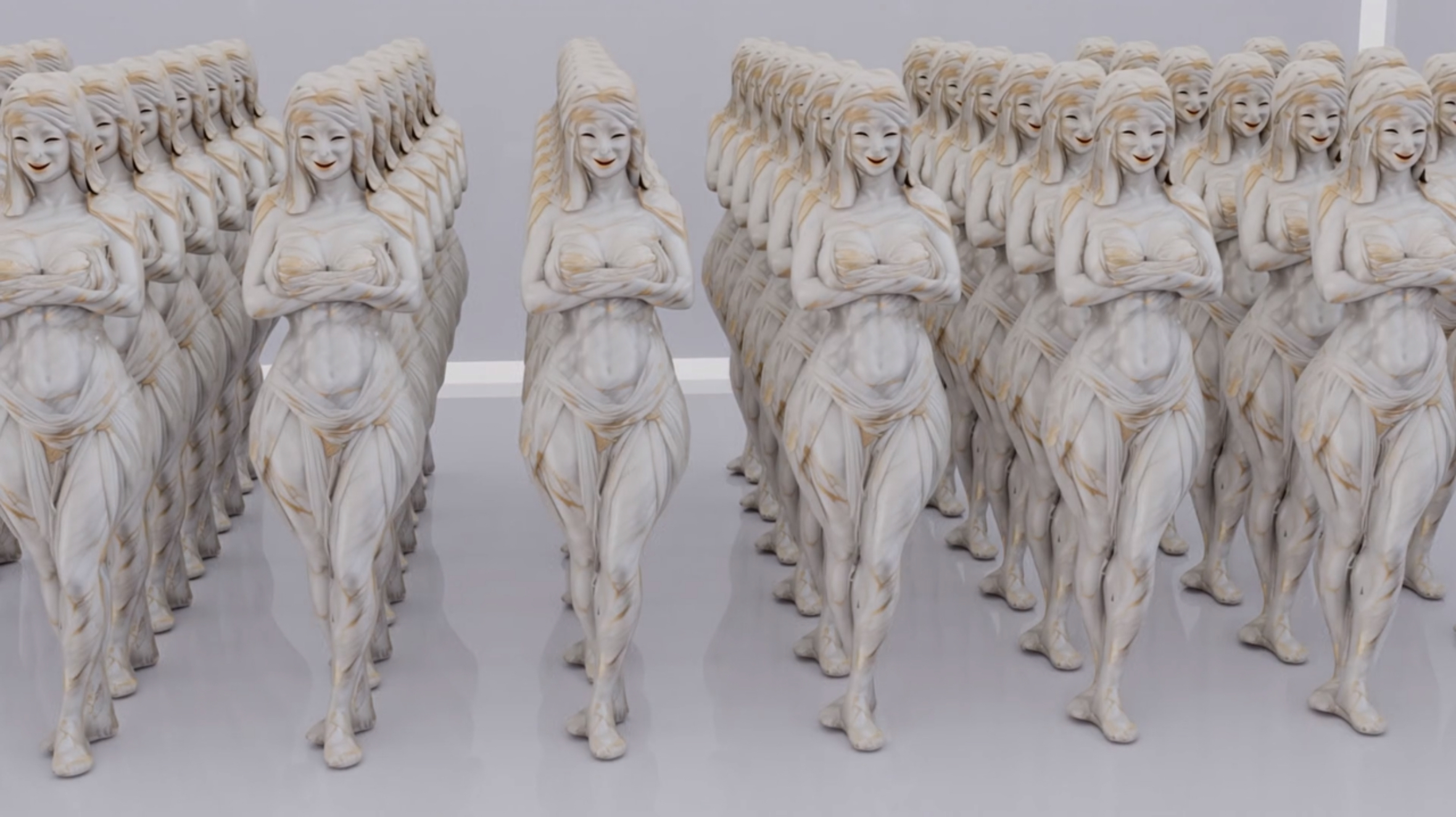 An army of AI slop creations coming to life. They are white and gold marble in a white starkly lit room. The overall sense is of a brightly lit horror