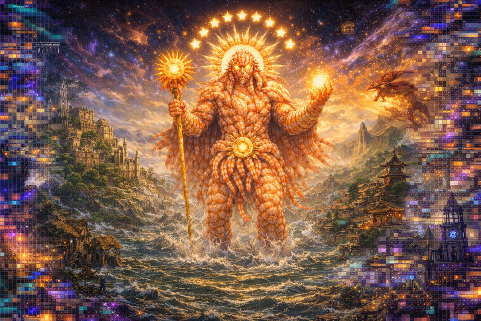 an AI generated image of a sun god made out of shrimp emerging from waves. the background is glitching and showing various different landscapes