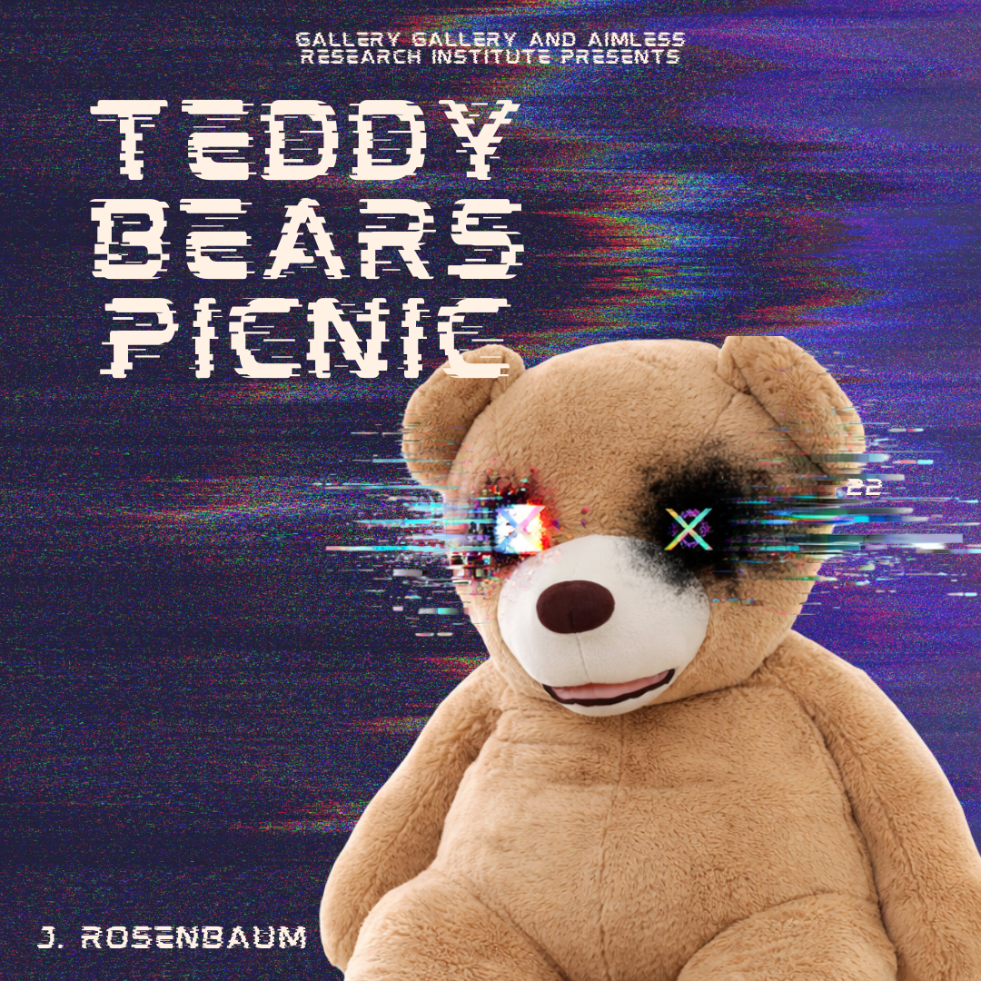 A teddy bear against a purple glitchy background. The bear has glitches around the eyes. The text reads teddy bears picnic in a tech glitchy typeface.